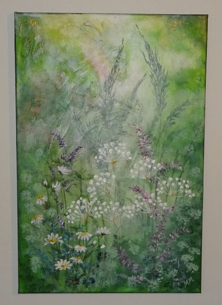 Färgglad målning med blomster och grönska, i mjuka, dimmiga nyanser.