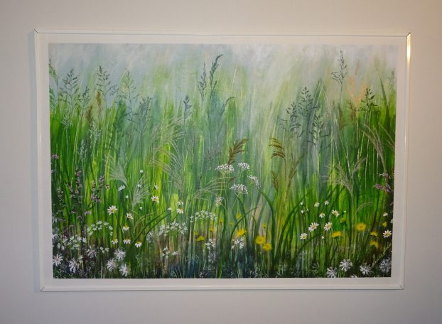 Grönskande äng med blommor, höga grässtrån och dimmig bakgrund.